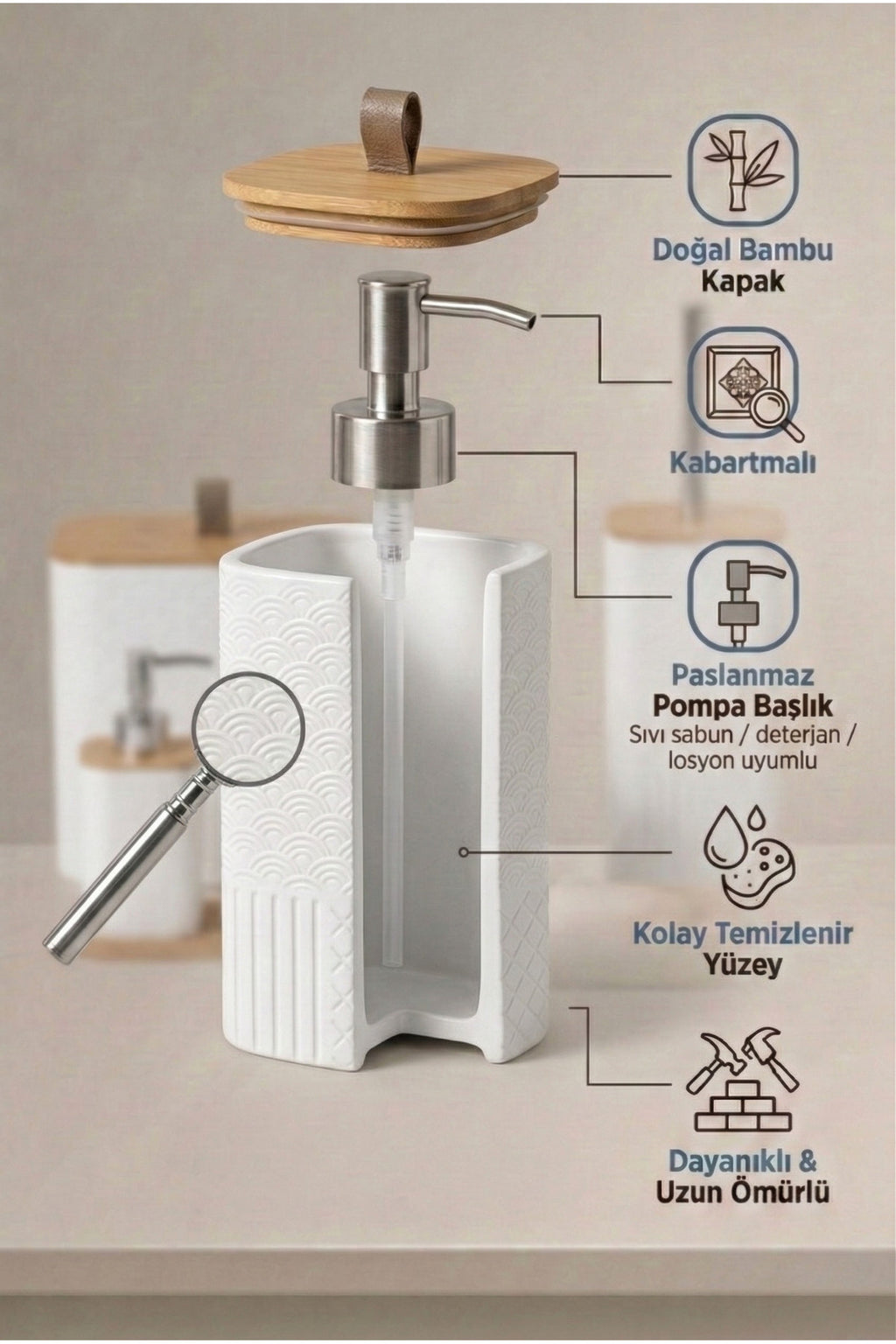 Desenli 7 Parça Bambu Kapaklı ve Aksesuarlı Banyo Seti