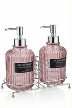 Pembe 2'li Cam Sabunluk/Deterjanlık, 500 ml, Gümüş Renk Metal Stantlı, 21,5x9x23 cm - görsel 6