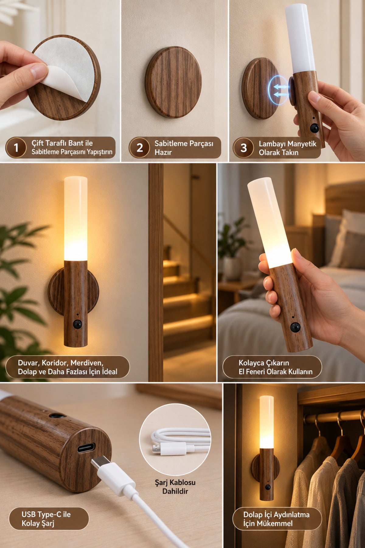 Hareket Sensörlü Şarjlı LED Gece Lambası – Manyetik Duvar Tipi, 18 cm, Sıcak Işık