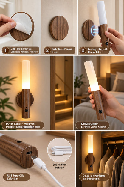 Hareket Sensörlü Şarjlı LED Gece Lambası – Manyetik Duvar Tipi, 18 cm, Sıcak Işık