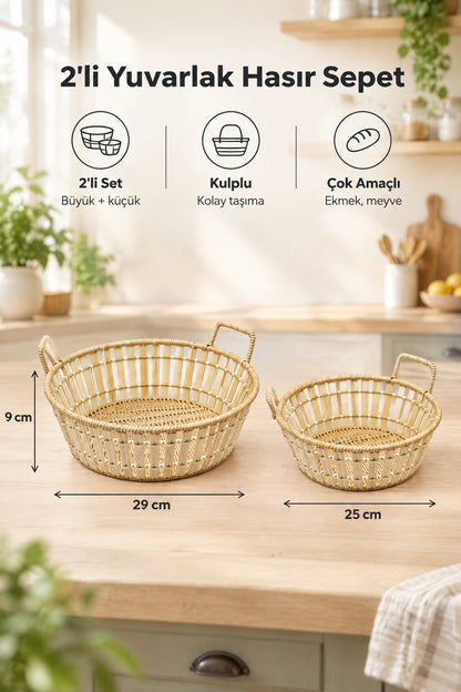 2'li Yuvarlak Bambu Hasır Kulplu Sepet Seti, Ekmek ve Meyve Sepeti, 29 cm + 25 cm