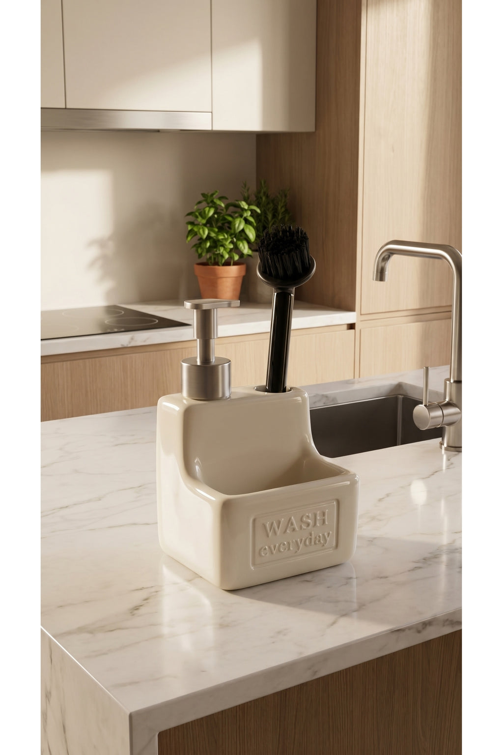 500 ml Krem Seramik Sıvı Sabunluk Deterjanlık Fırçalık, 11x11x18 cm - görsel 6