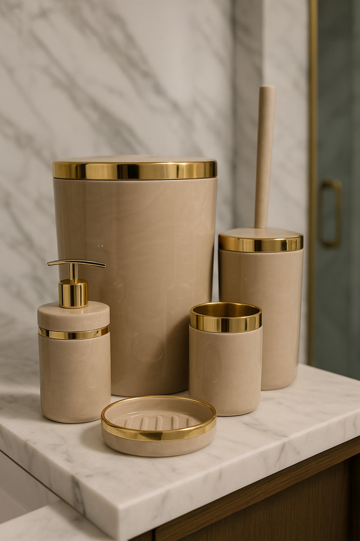 Banyo Seti 5'li, Akrilik-ÇöpKovası, WC Fırçalık, Sıvı Sabunluk, Diş Fırçalık, El Sabunluk, Gold Renk Detay – Krem Mermer Desen