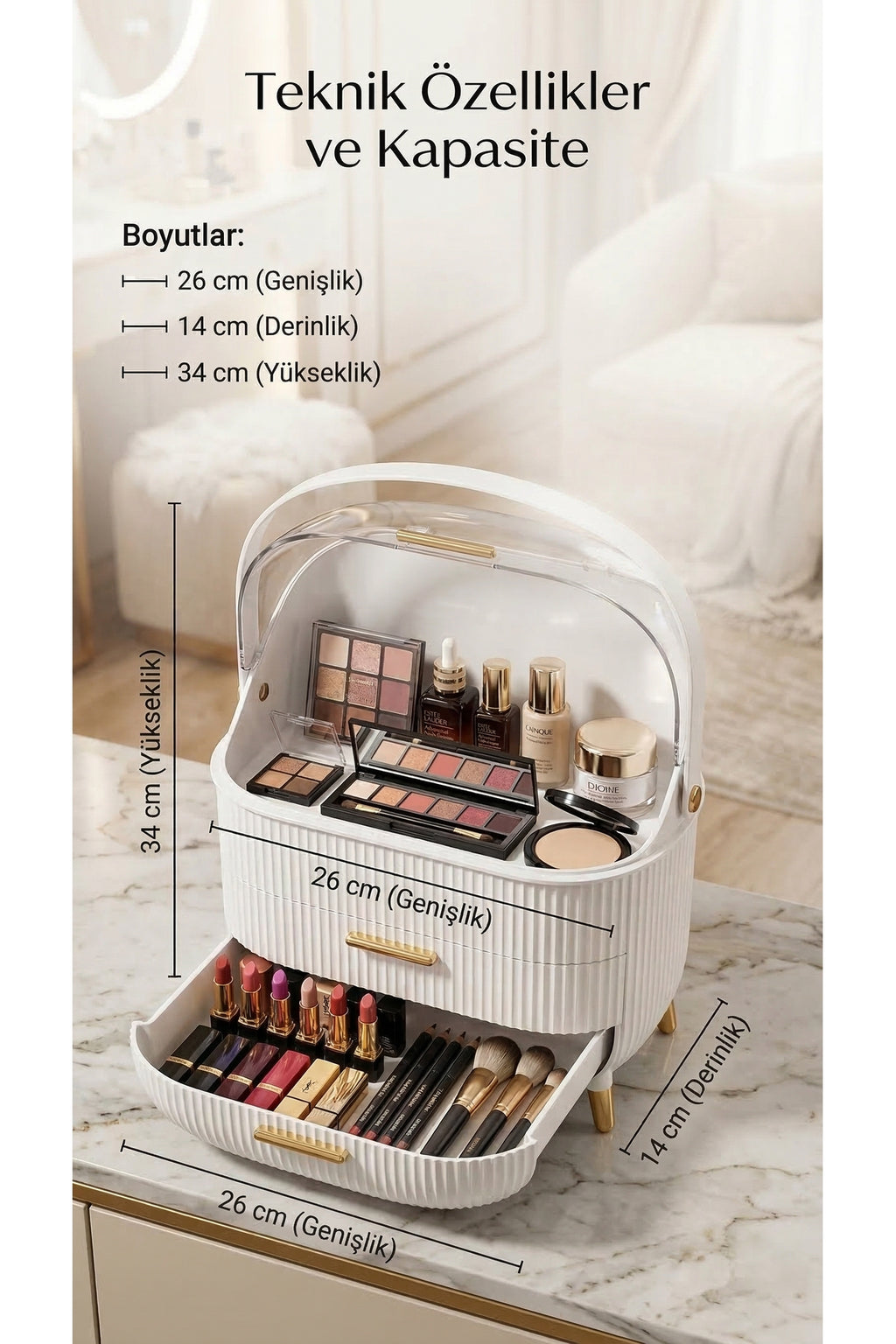 Çekmeceli Makyaj, Takı ve Kozmetik Ürün Düzenleyici, Cappucino Renk Organizer