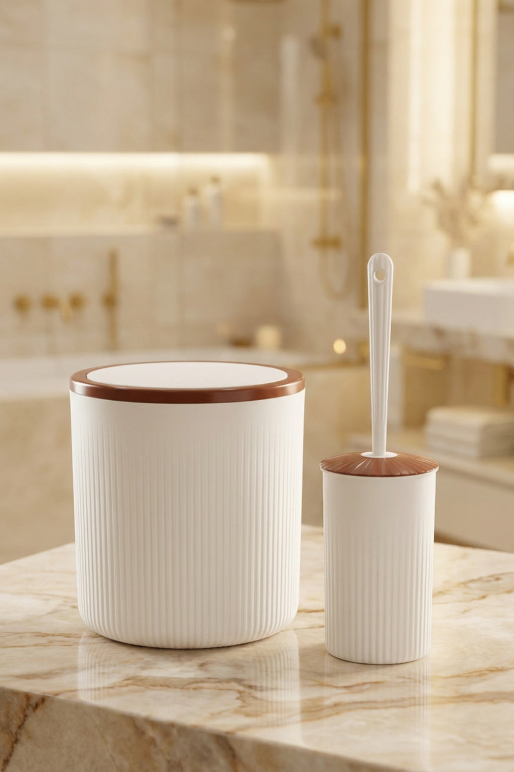 Elegan Kahve Beyaz 2’li Banyo Seti – 6 litre Çöp Kovası & WC Fırçalık Takımı