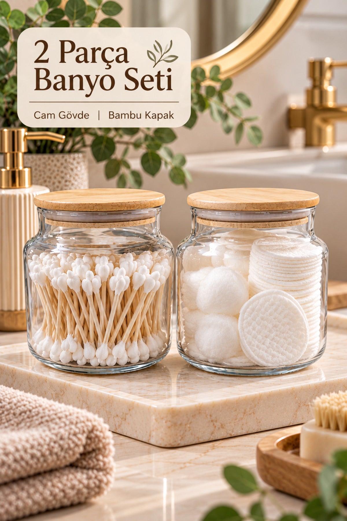 2 Parça Cam Banyo Seti Bambu Kapaklı 700 ml Pamukluk ve Kulak Çubuğu Kabı