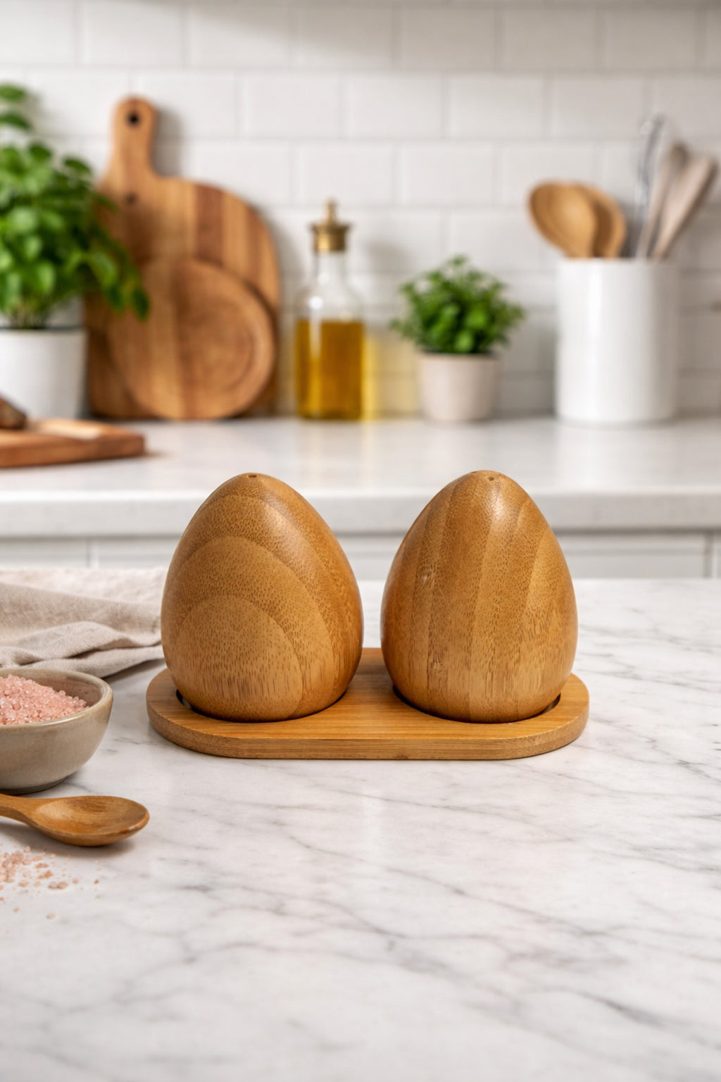 Bambu Tuzluk & Karabiberlik Seti, Damla Tasarım, Stantlı– Doğal Bambu Baharatlık
