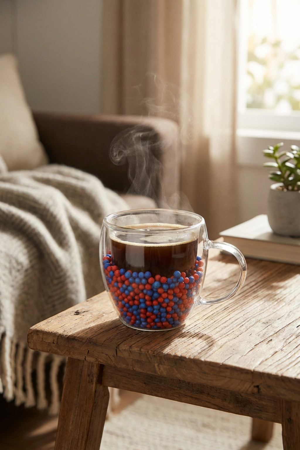 Çift Cidarlı Bordo Mavi Cam Kupa 250 ML – Isıya Dayanıklı