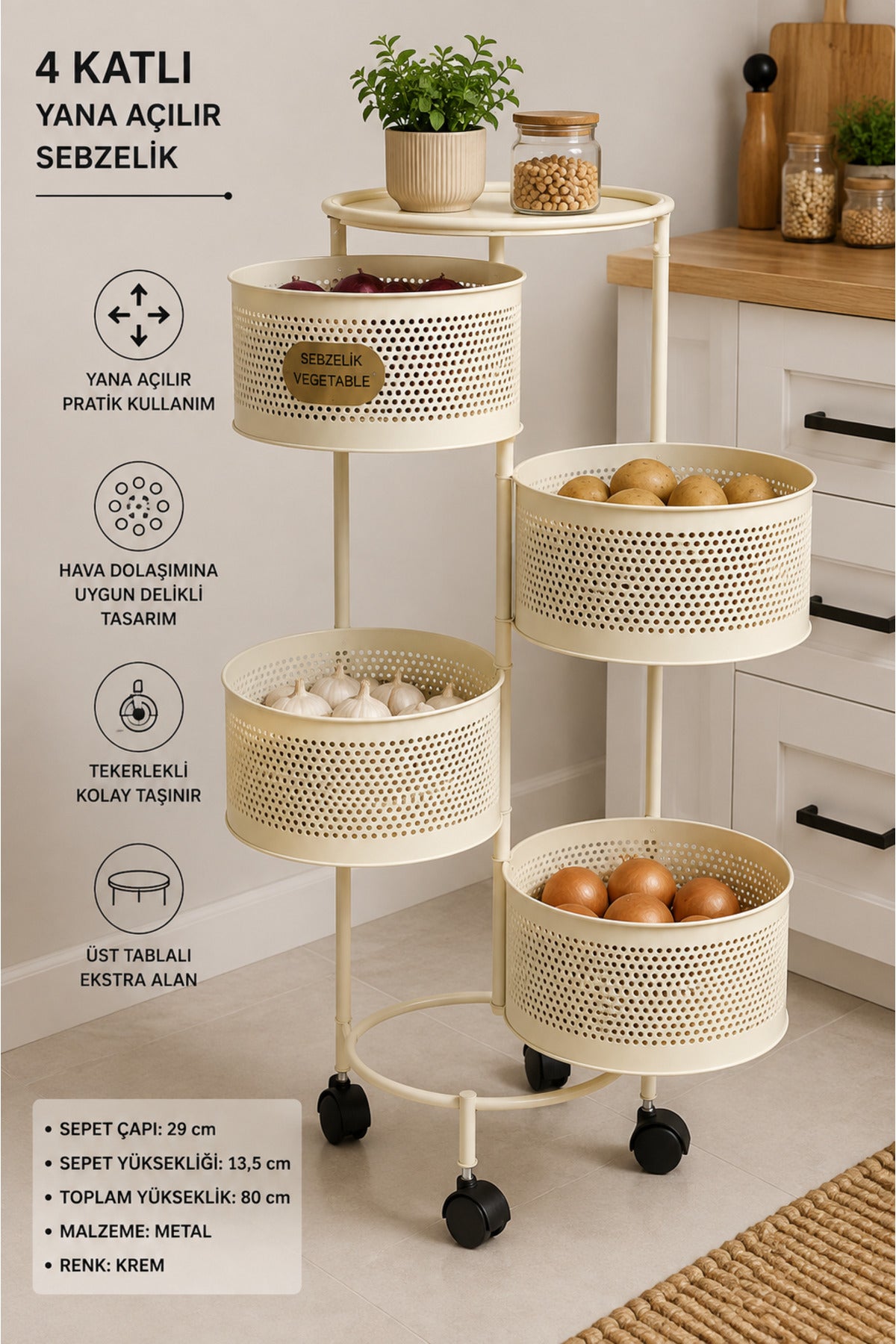 4 Katlı Yana Açılır Metal Sebzelik, Krem, Tekerlekli, Üst Tablalı, 80 cm