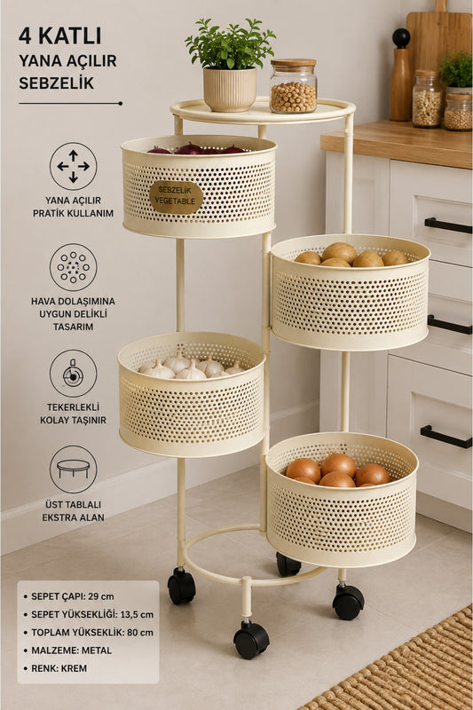 4 Katlı Yana Açılır Metal Sebzelik, Krem, Tekerlekli, Üst Tablalı, 80 cm