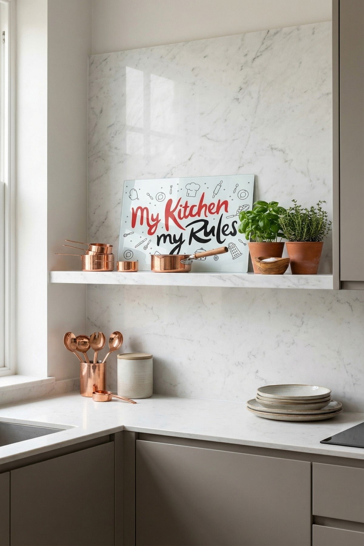 Cam Kesme Tahtası Kırılmaz Temperli 25x35 cm My Kitchen My Rules Yazılı Desenli - Görsel 5