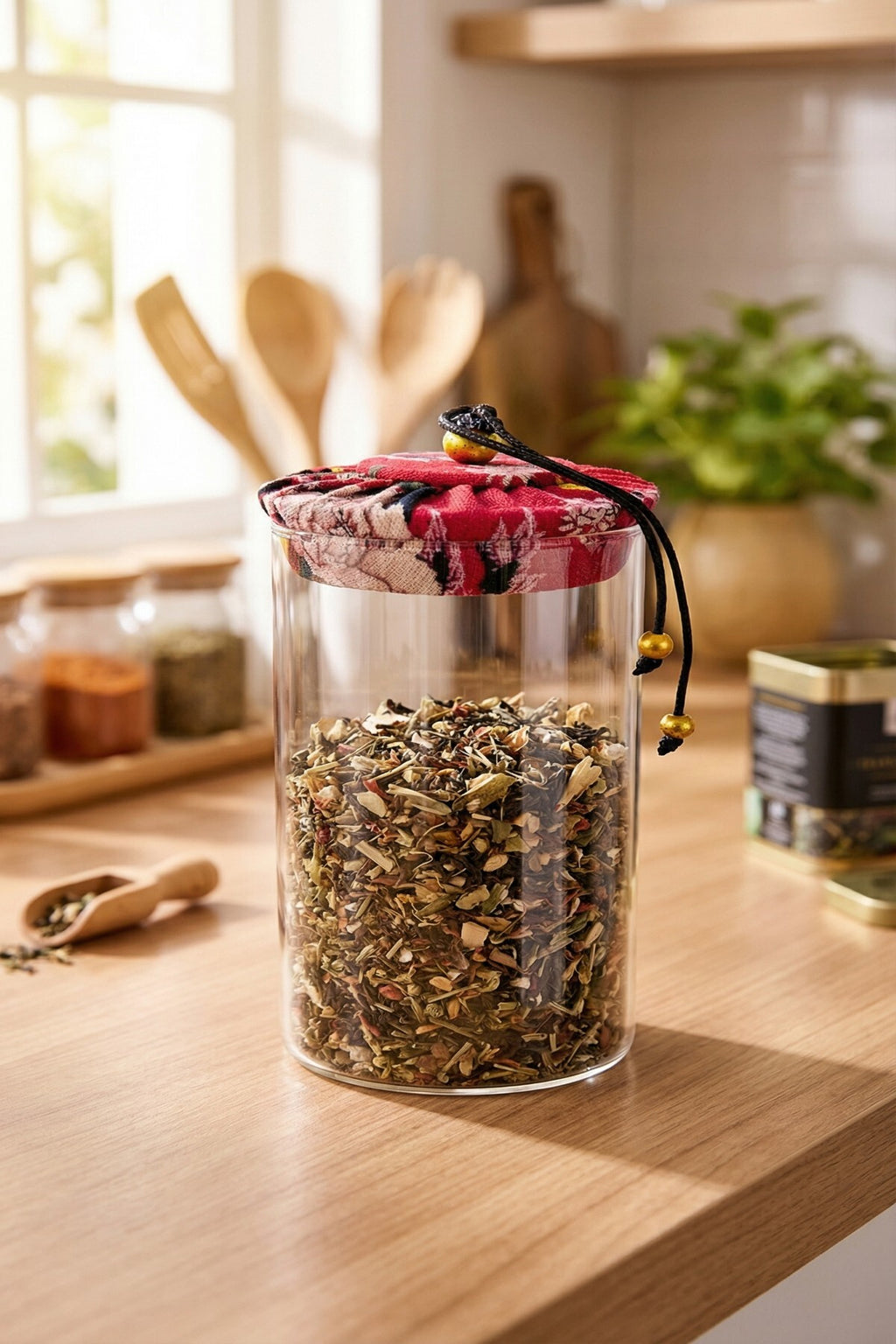 800 ml Borosilikat Cam Hava Geçirmez Kumaş Kaplama Bambu Kapaklı Kavanoz, çap: 8 cm, h: 21 cm
