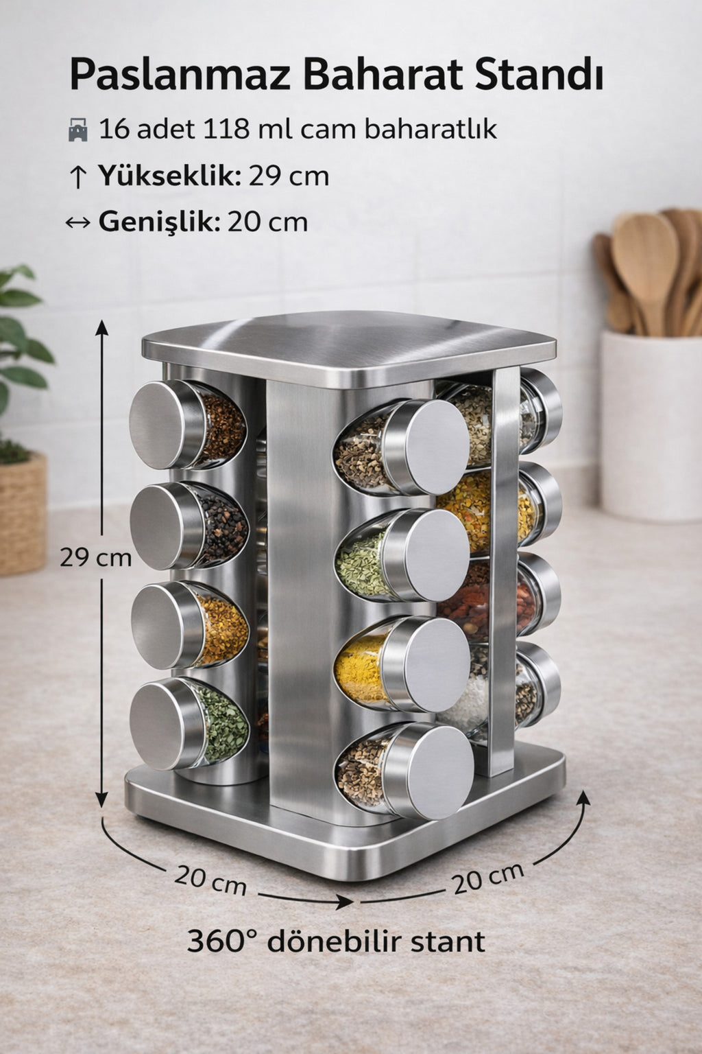 16'lı Döner Baharatlık Seti Krom Kare Stantlı 118 ml Cam Kavanoz – 360° Döner 29x20 cm