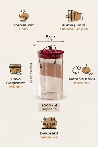 1000 ml Borosilikat Cam Hava Geçirmez Kumaş Kaplama Bambu Kapaklı Kavanoz, çap:8 cm, h:25 cm