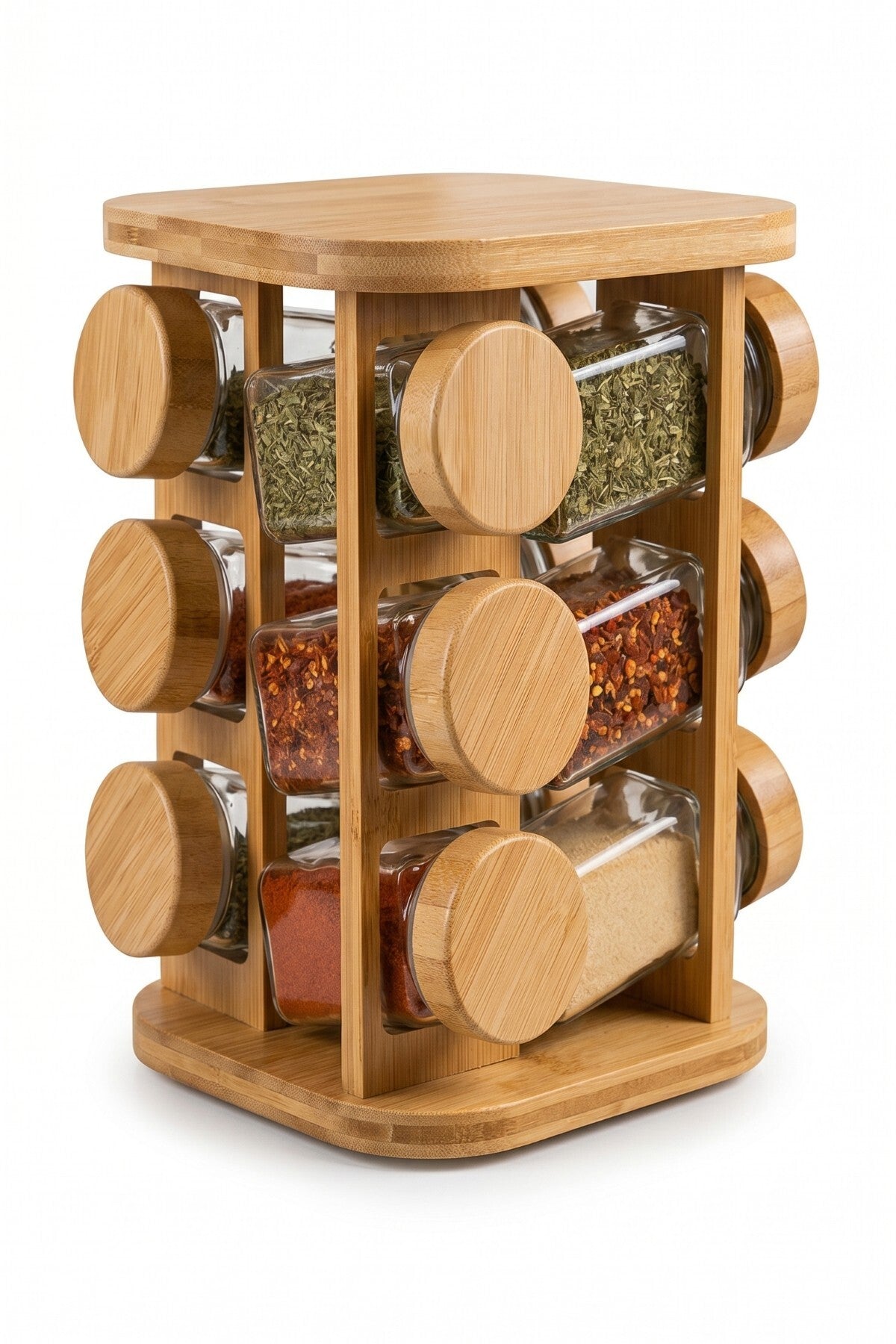 360° Döner Bambu Stantlı 12'li Cam Baharatlık Seti, 100 ml 12 adet Cam Kavanozlu, 17x17x21 cm - görsel 3