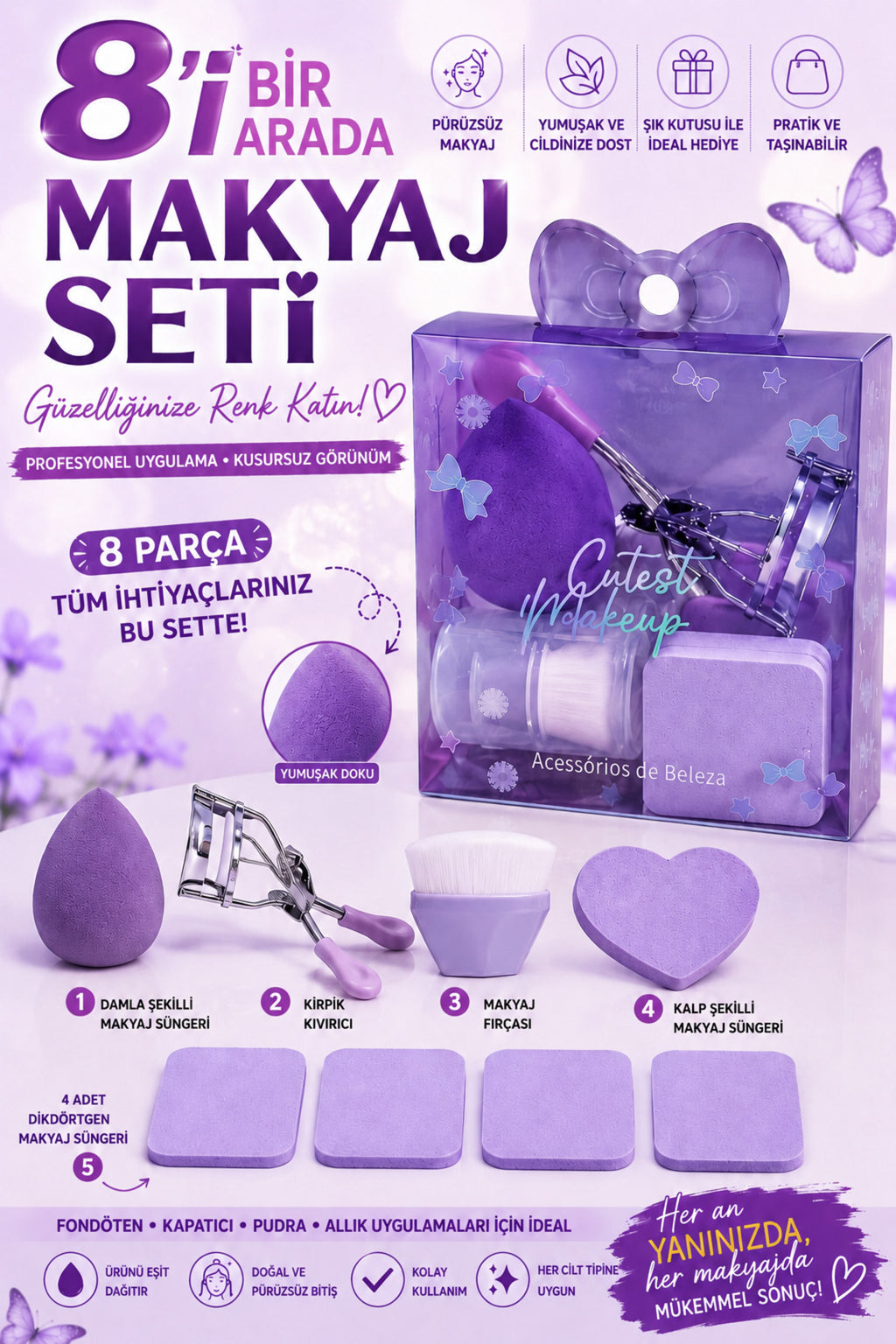8 Parça Mor Makyaj Süngeri, Fırçası ve Kirpik Kıvırıcı Seti