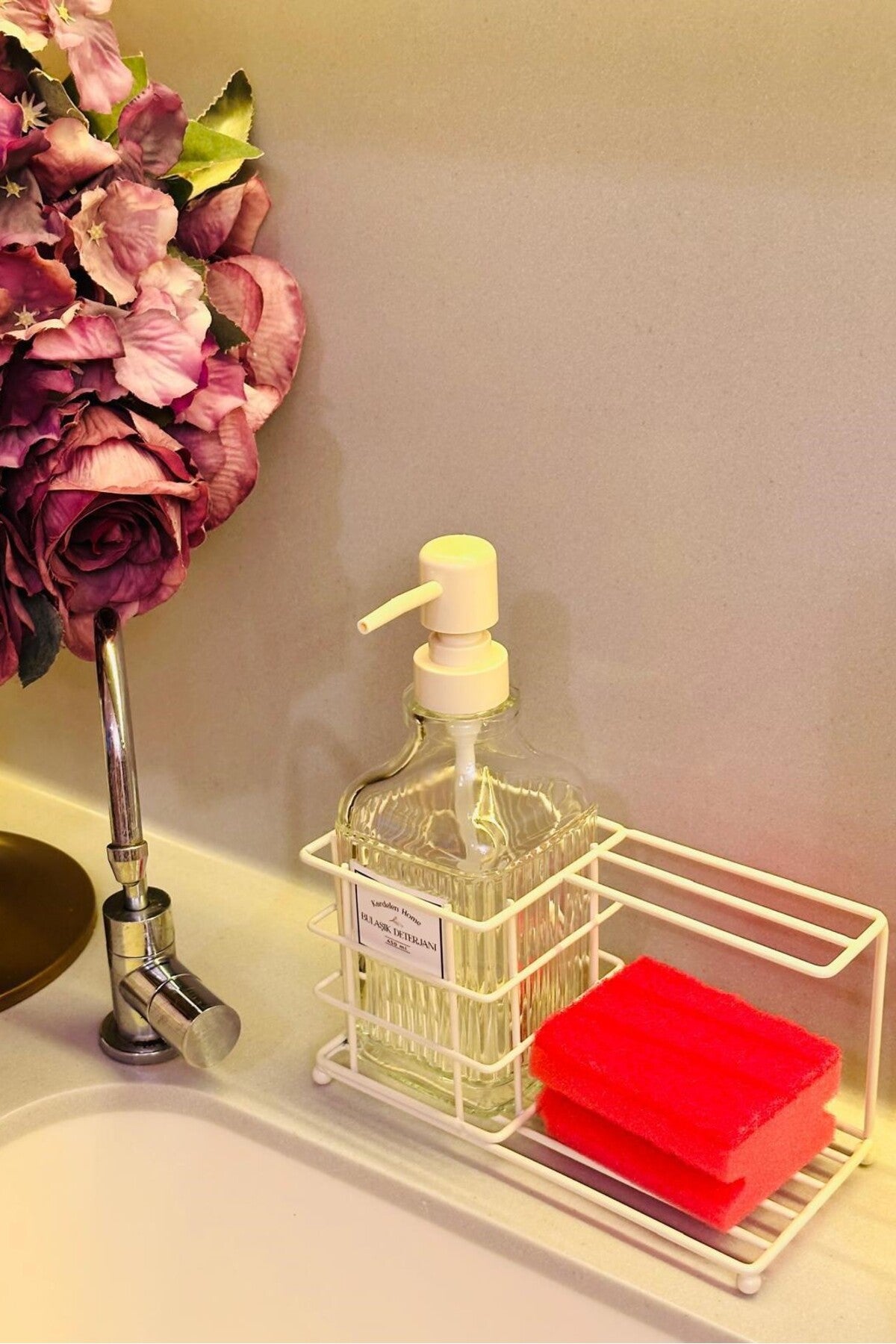 Modern Cam Sıvı Sabunluk & Deterjanlık Cam Sabunluk, Metal Stand'lı