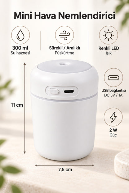 Hava Nemlendirici 300 ml, USB Şarjlı, LED Işıklı, 7,5 x 11 cm