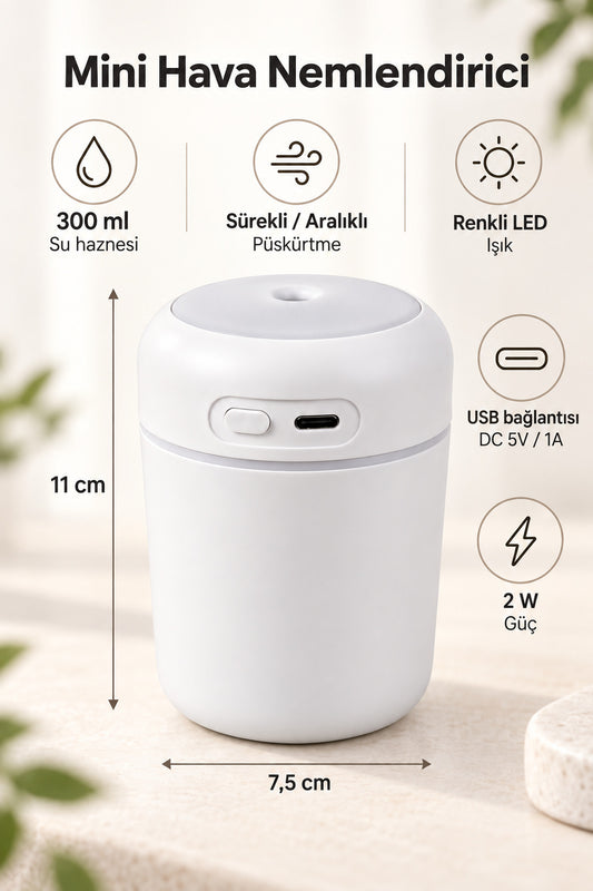 Hava Nemlendirici 300 ml, USB Şarjlı, LED Işıklı, 7,5 x 11 cm
