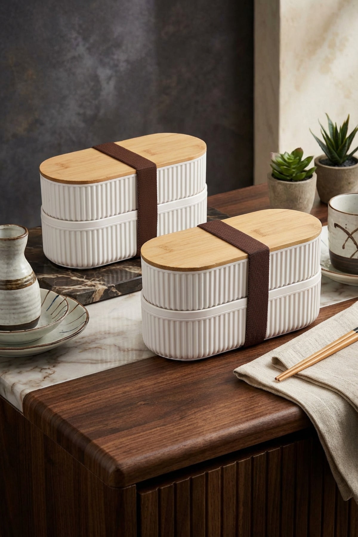 Bambu Kapaklı Saklama ve Beslenme Kutusu – 2 Katlı, 20 x 9 x 5,5 cm