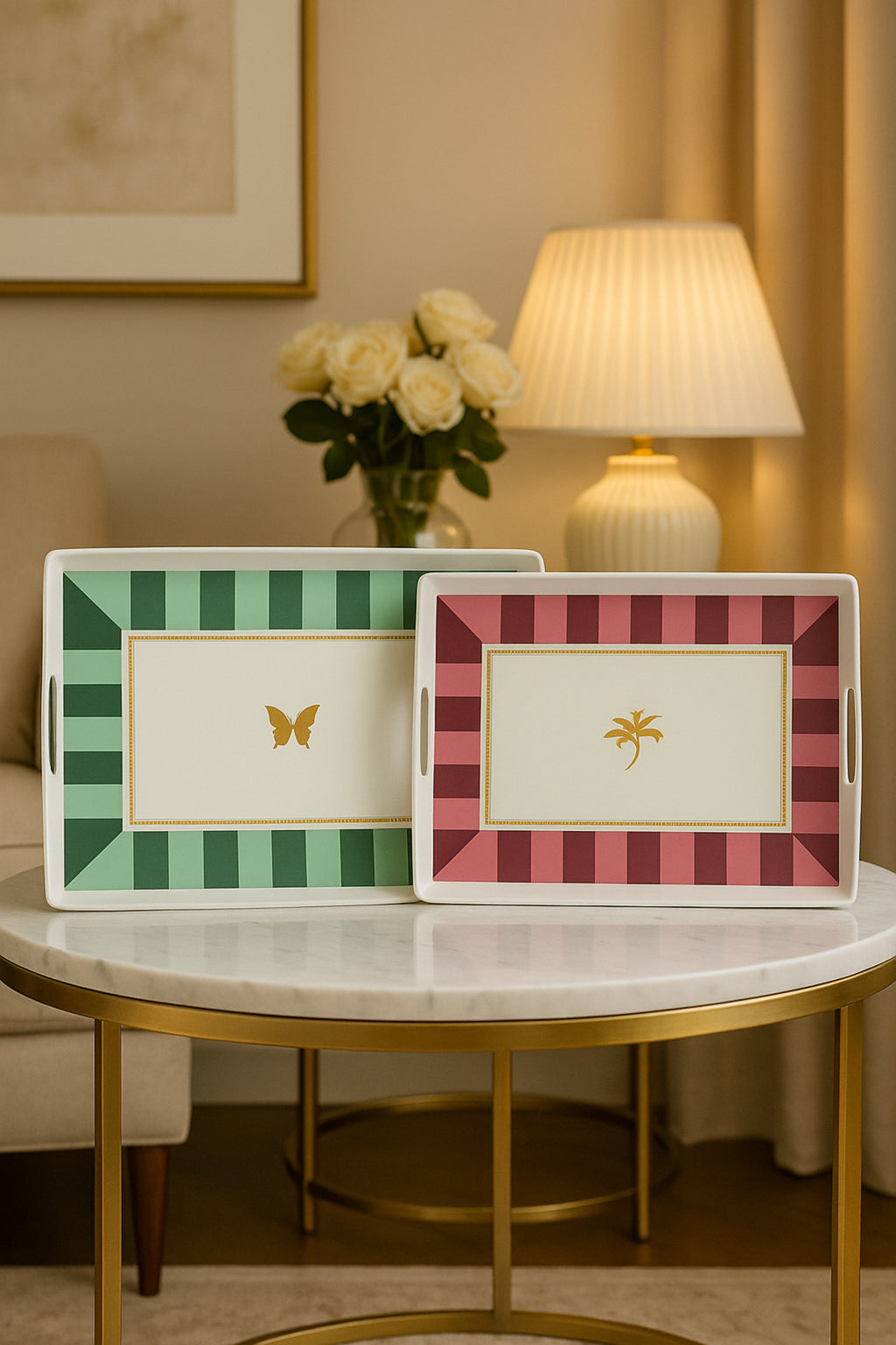 2 adet Çizgili Desenli Servis Tepsisi 38x28x3,5 cm, Siyah-Beyaz ve Bordo
