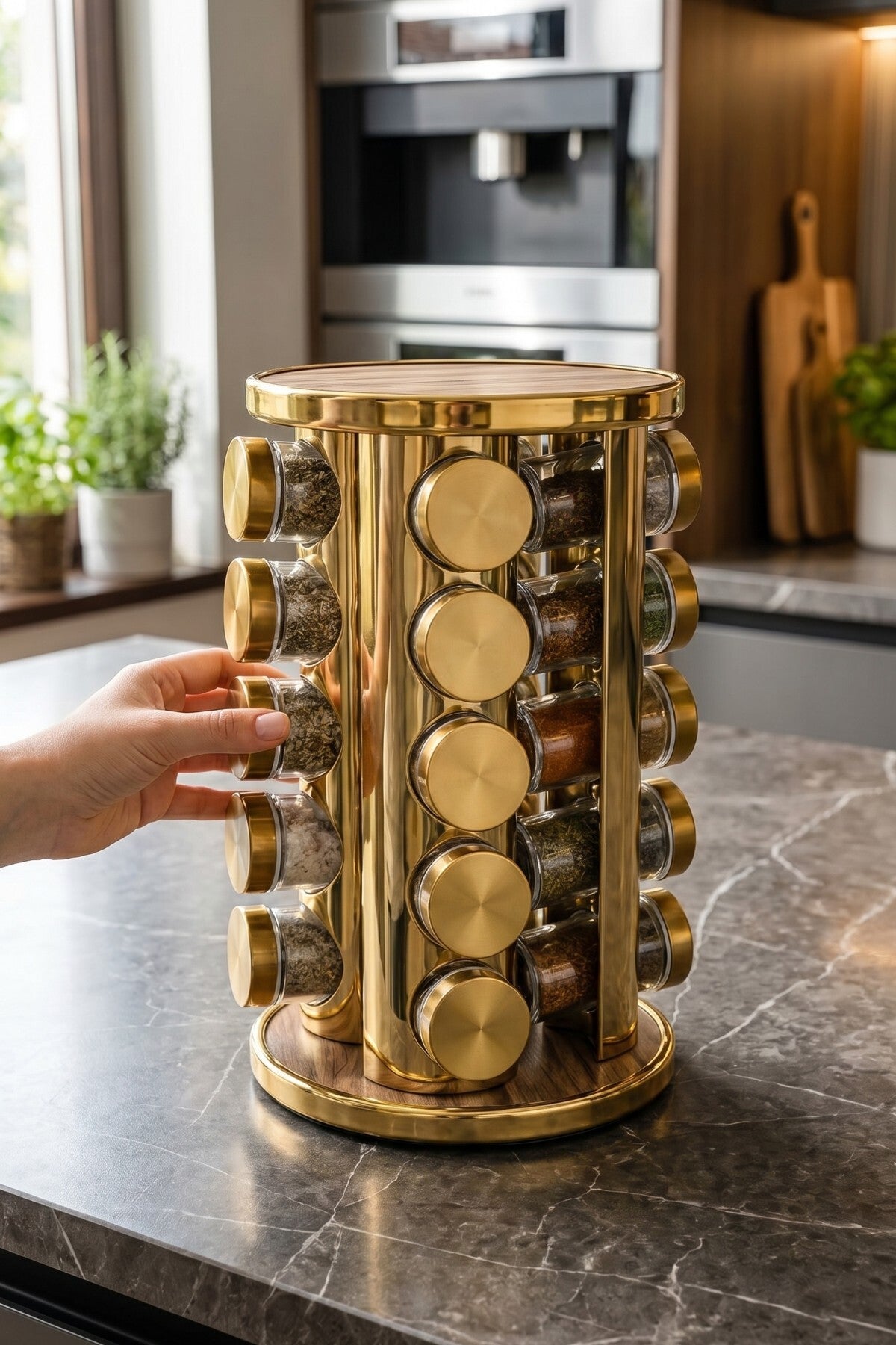 20’li Ahşap Desenli Gold Yuvarlak 360° Döner Standlı Baharatlık Cam Kavanoz Seti 118 ml