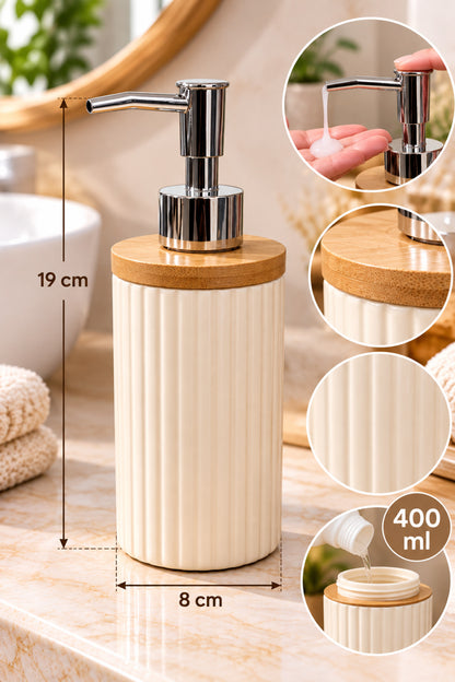 400 ml Bambu Kapaklı Sıvı Sabunluk, Desenli Seramik, Siyah Gri Pudra Pembe, 8x19 cm