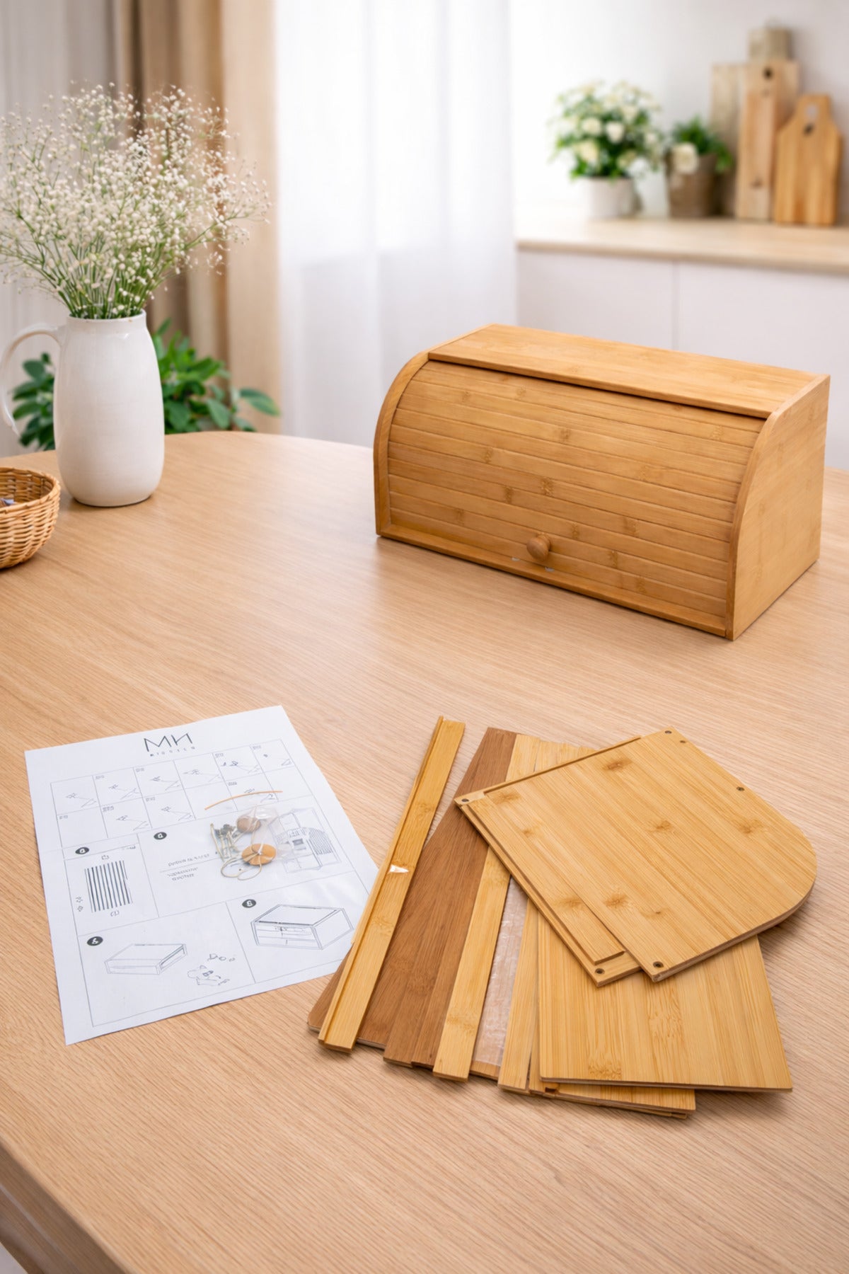 Doğal Bambu DEMONTE Ekmeklik, Ekmek Kutusu, Kayar Kapaklı, Geniş Hacimli, 38 x 23 x 19 cm