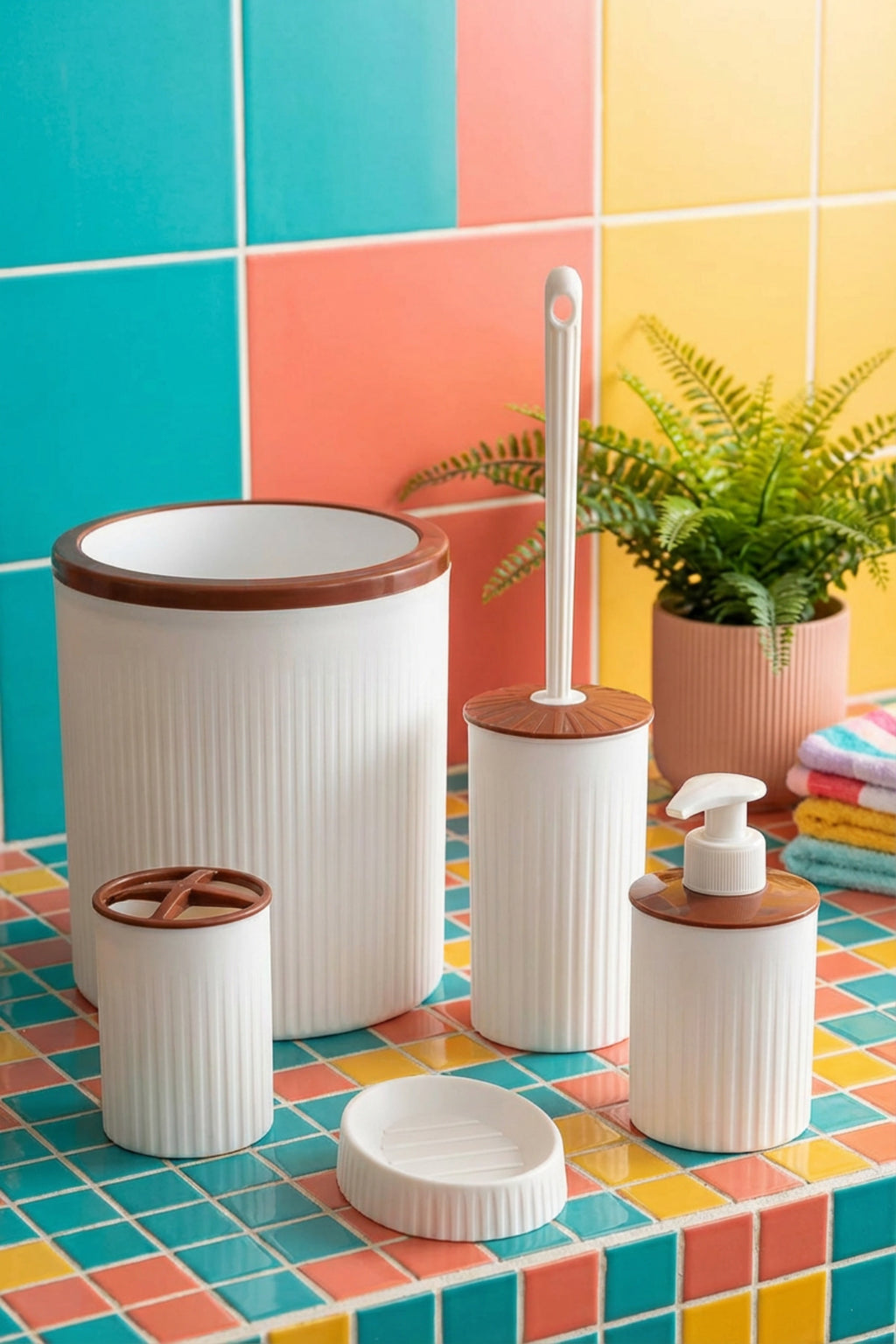5 Parça Şık Beyaz Banyo Seti, Hacim: 6 litre