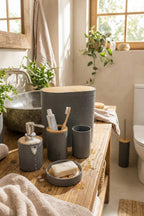 6'lı Banyo Seti, Bambu Kapaklı, Gri, Oval, 8 litre