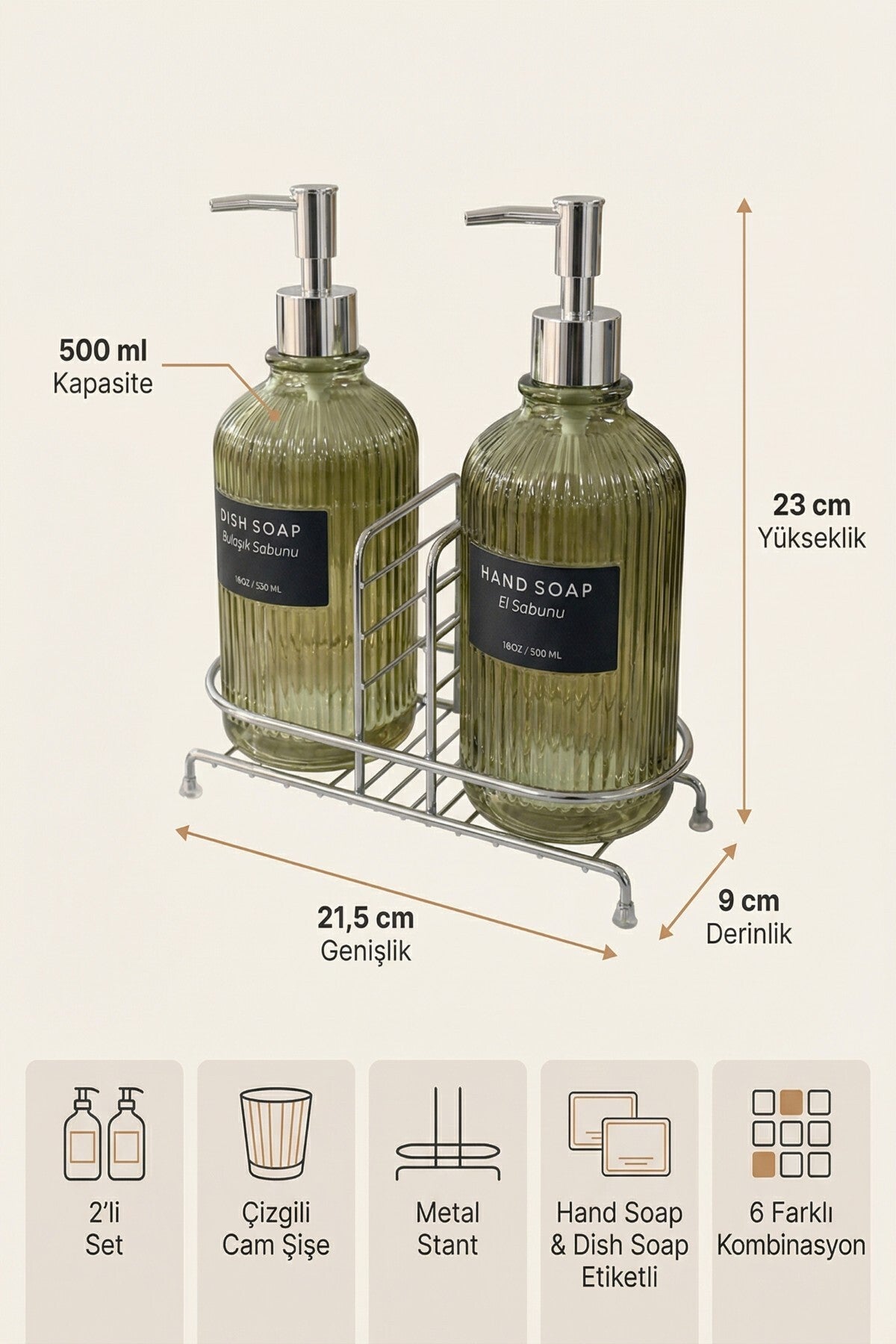 2'li Cam Sabunluk/Deterjanlık, 500 ml, Renk Metal Stantlı, 21,5x9x23 cm