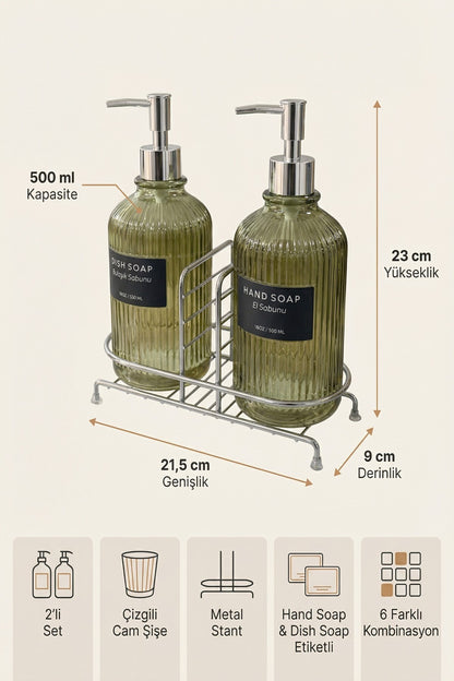 2'li Cam Sabunluk/Deterjanlık, 500 ml, Renk Metal Stantlı, 21,5x9x23 cm