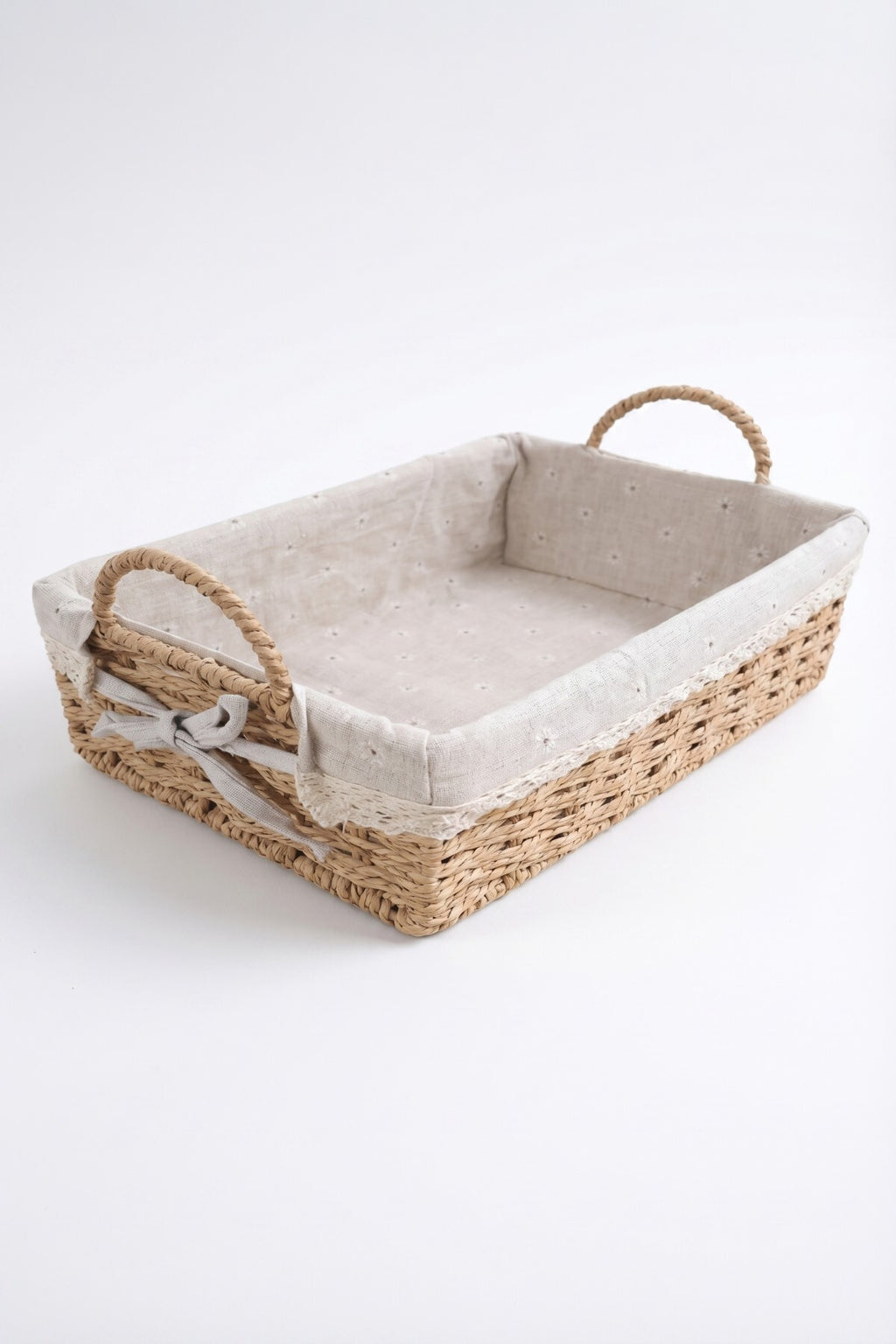 Bambu Ekmek Sepeti, 31x20x10 cm, Dantelli Çiçek Desenli Kumaş, Metal Çerçeve