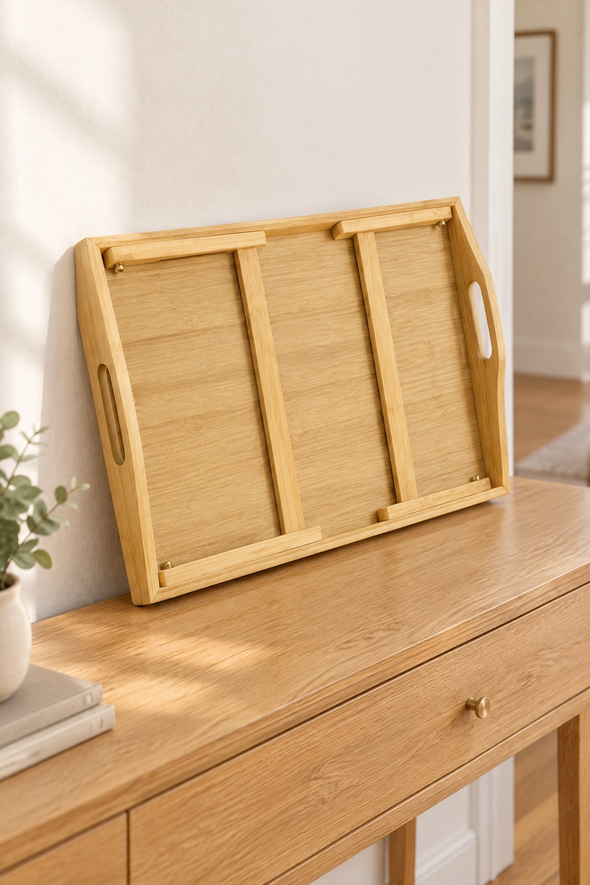 Katlanır Ayaklı Bambu Yatak Tepsisi, Kulplu Keyif ve Kahvaltı Tepsisi, 50x30 cm