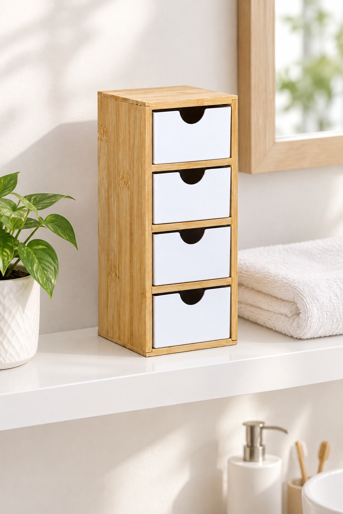Bambu 4 Çekmeceli Masaüstü Organizer, Makyaj ve Takı Düzenleyici, 10 x 9 x 20 cm