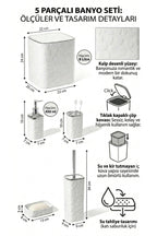 5 Parça Banyo Seti, Kalp Desenli, Beyaz Silver, Kare, Click Kapaklı, Hacim: 8 litre