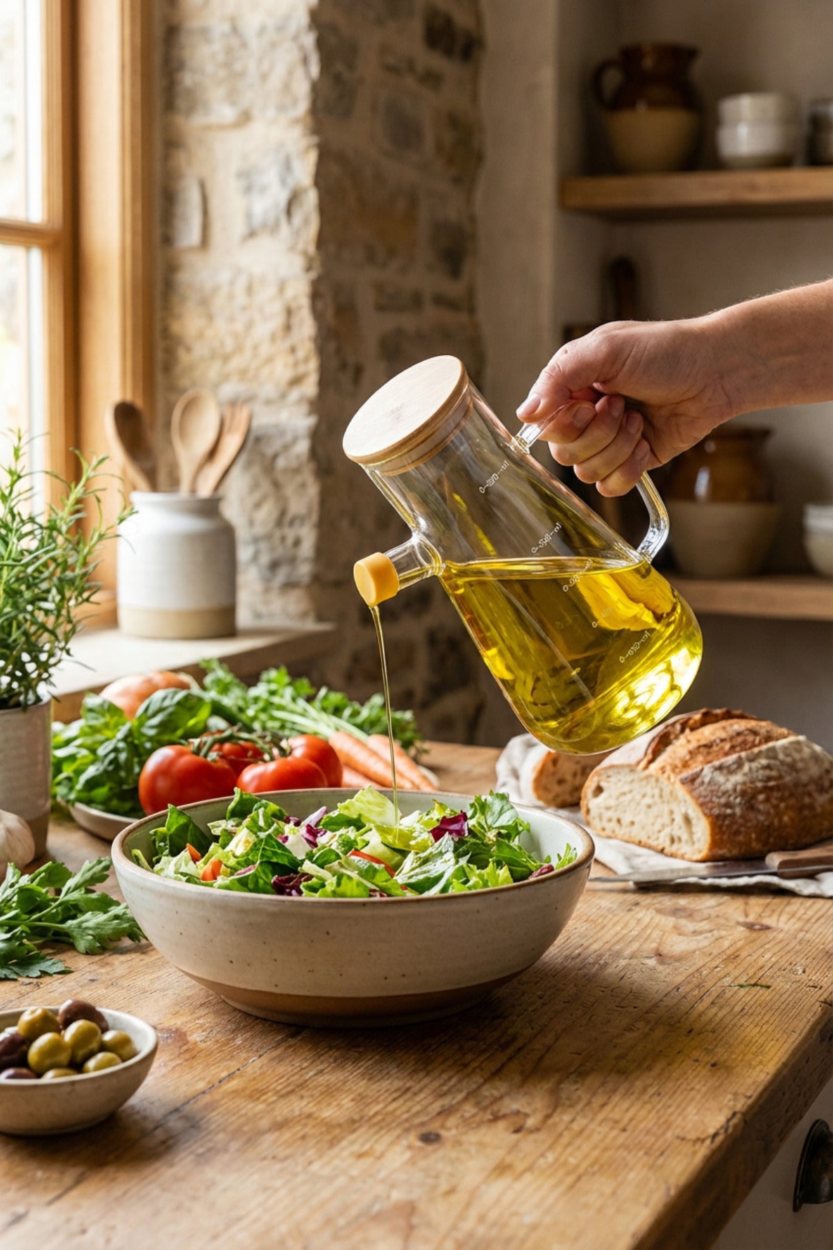 Cam Yağdanlık — Bambu Kapaklı, Ölçekli, Silikon Tıpalı