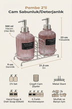 Pembe 2'li Cam Sabunluk/Deterjanlık, 500 ml, Gümüş Renk Metal Stantlı, 21,5x9x23 cm - görsel 2