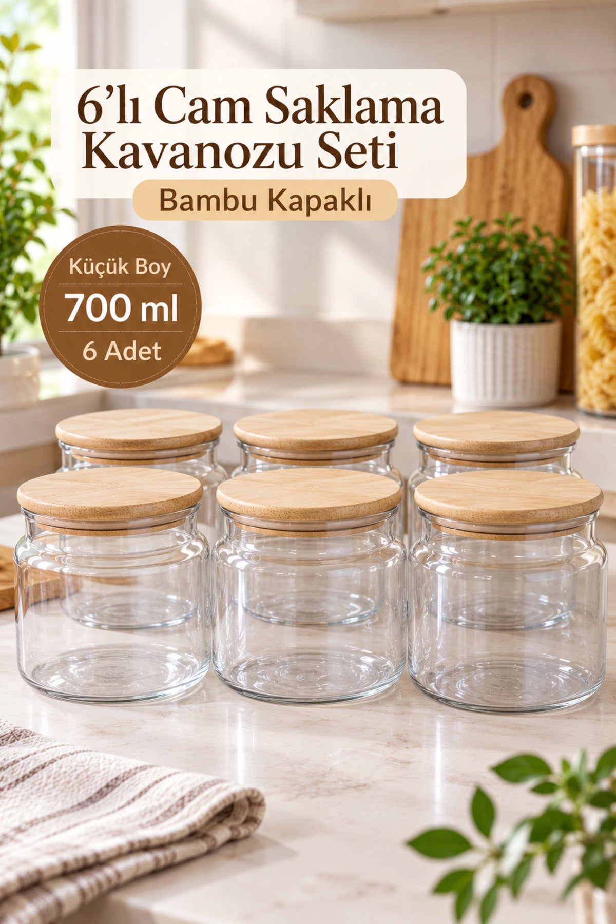 6'lı Cam Saklama Kavanozu Bambu Kapaklı – 700 ml