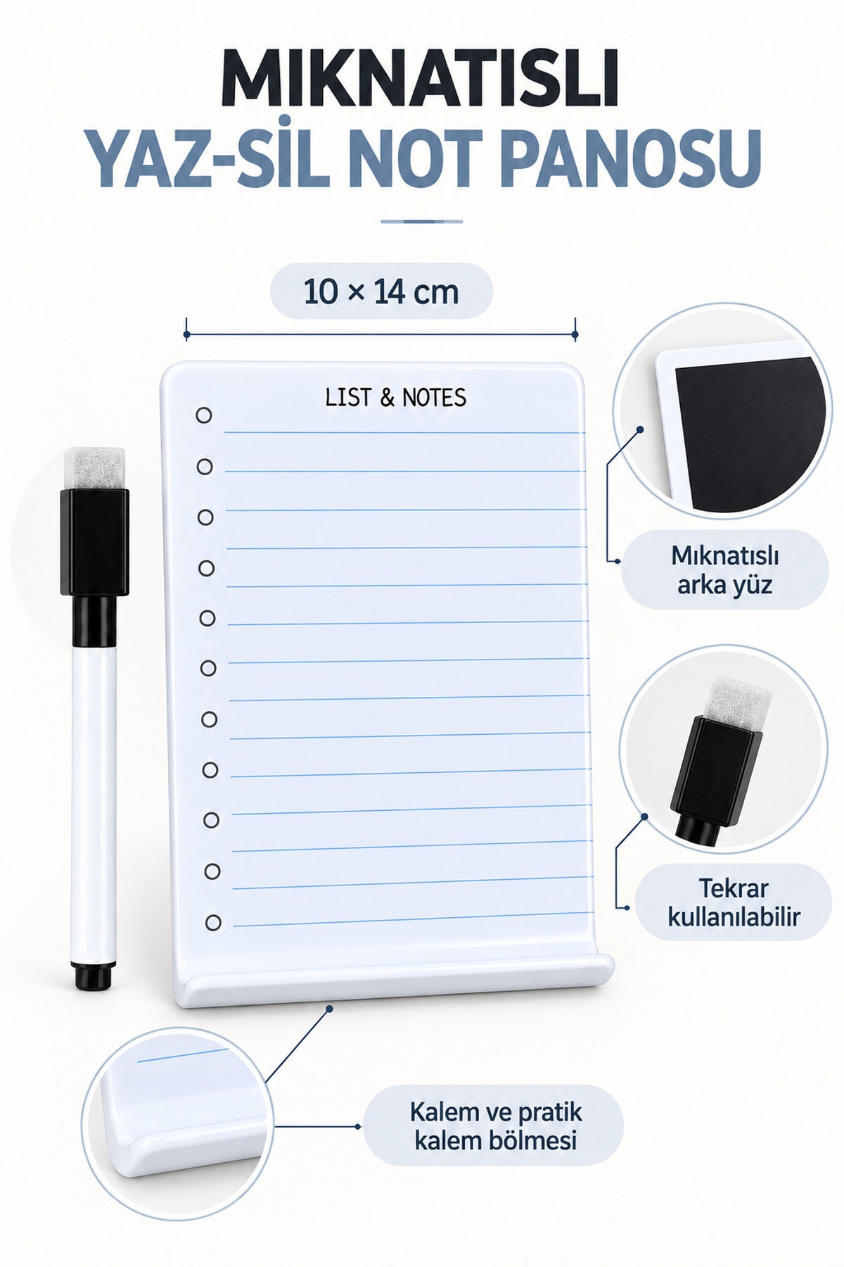 Magic Notes Mıknatıslı Yaz Sil Not Panosu, Buzdolabı Alışveriş Listesi, Kalem Hediyeli, 10x14 cm