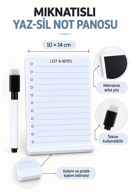 Magic Notes Mıknatıslı Yaz Sil Not Panosu, Buzdolabı Alışveriş Listesi, Kalem Hediyeli, 10x14 cm