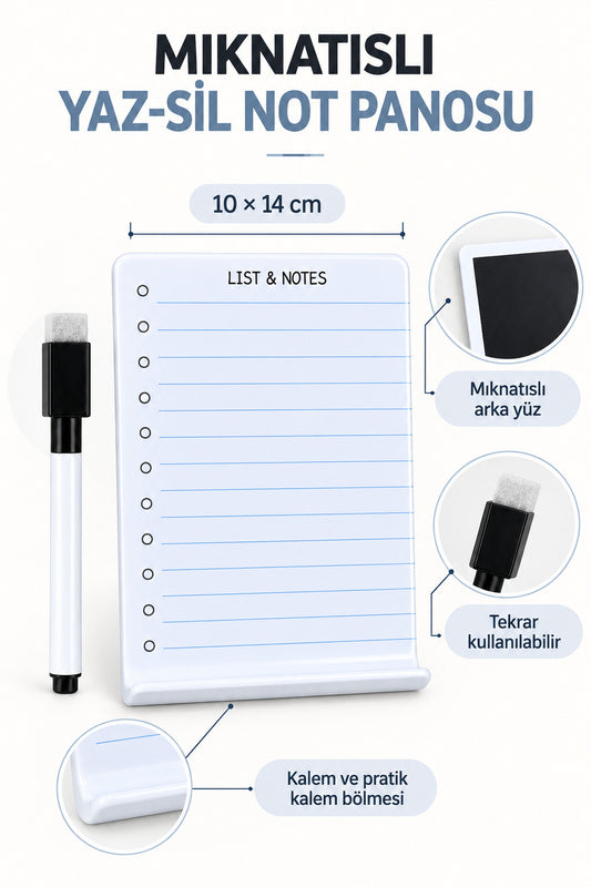 Magic Notes Mıknatıslı Yaz Sil Not Panosu, Buzdolabı Alışveriş Listesi, Kalem Hediyeli, 10x14 cm