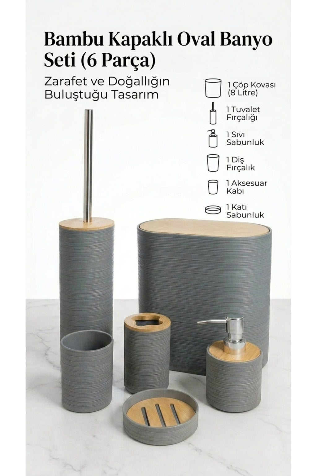 6 Parça Bambu Kapaklı Banyo Seti, Gri, Oval, Hacim: 8 litre