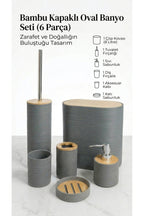 6 Parça Bambu Kapaklı Banyo Seti, Gri, Oval, Hacim: 8 litre