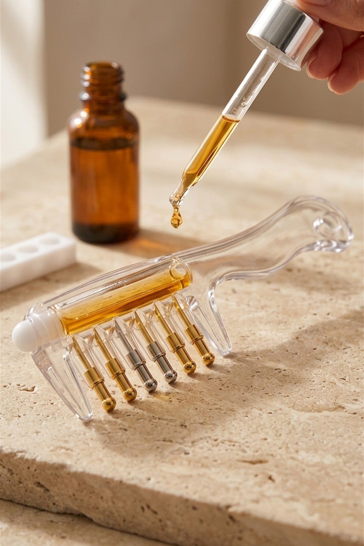 Saç Bakım Sıvısı Uygulama Tarağı – Bilyeli Masaj Uçlu, 10 ml Hazneli, Damlalıklı
