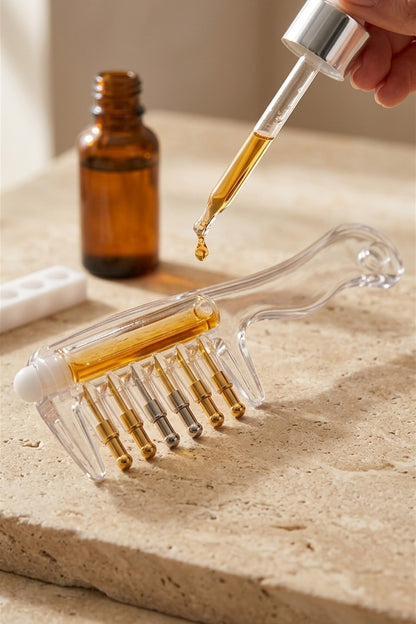 Saç Bakım Sıvısı Uygulama Tarağı – Bilyeli Masaj Uçlu, 10 ml Hazneli, Damlalıklı