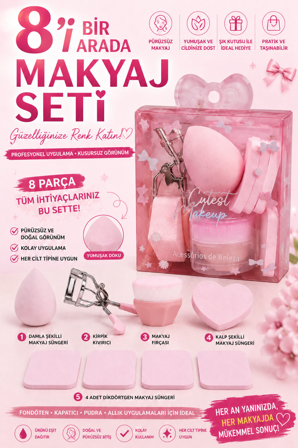 8 Parça Pembe Makyaj Süngeri, Fırçası ve Kirpik Kıvırıcı Seti
