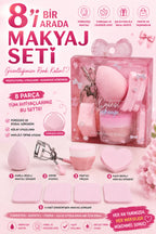 8 Parça Pembe Makyaj Süngeri, Fırçası ve Kirpik Kıvırıcı Seti