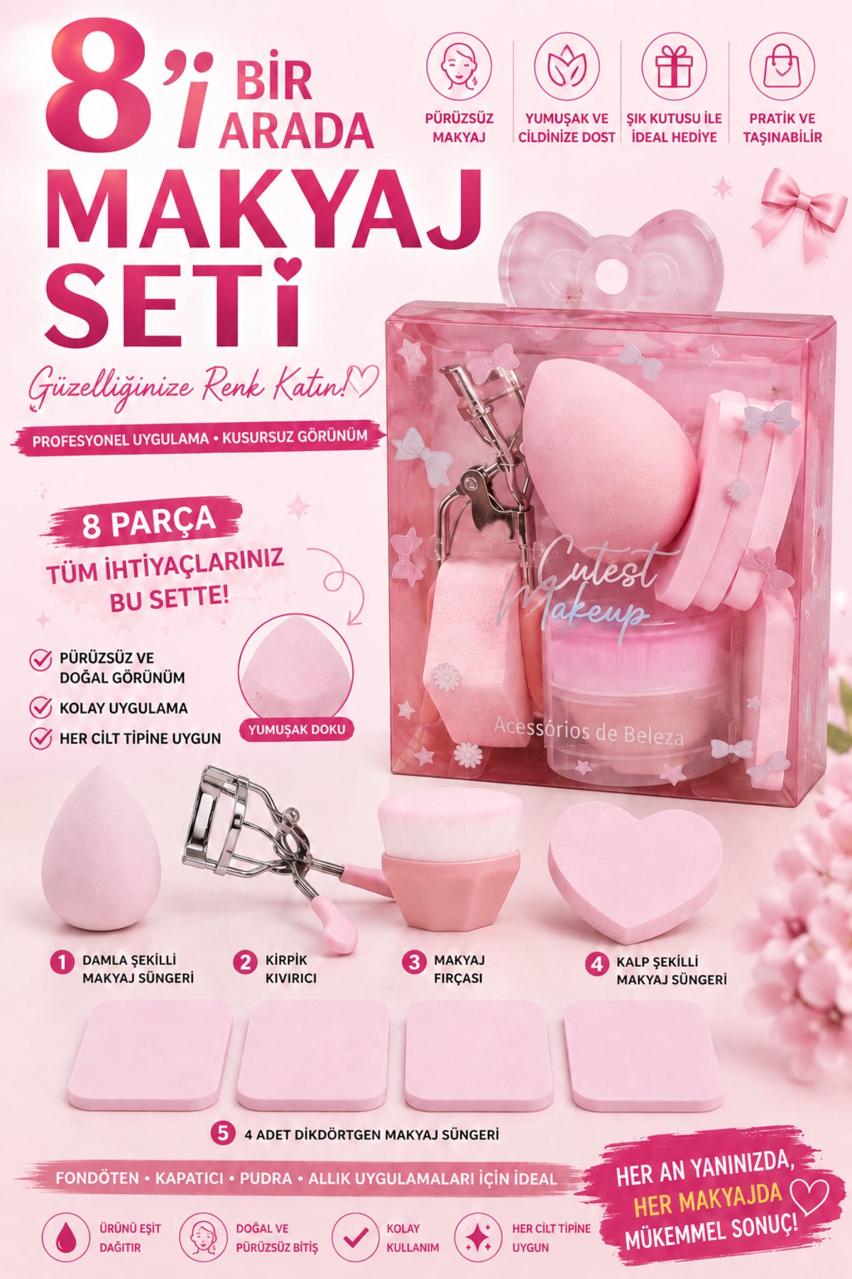 8 Parça Pembe Makyaj Süngeri, Fırçası ve Kirpik Kıvırıcı Seti