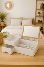 Bambu Aynalı Kozmetik Takı Makyaj Organizer, 29 x 17,5 x 10 cm, Portatif Bambu Aynalı
